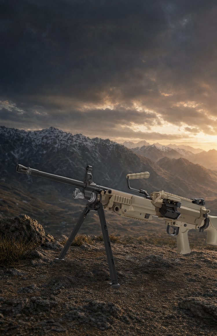 TM 01 in Flat Dark Earth on its bipod on a mountain ridge at sunset