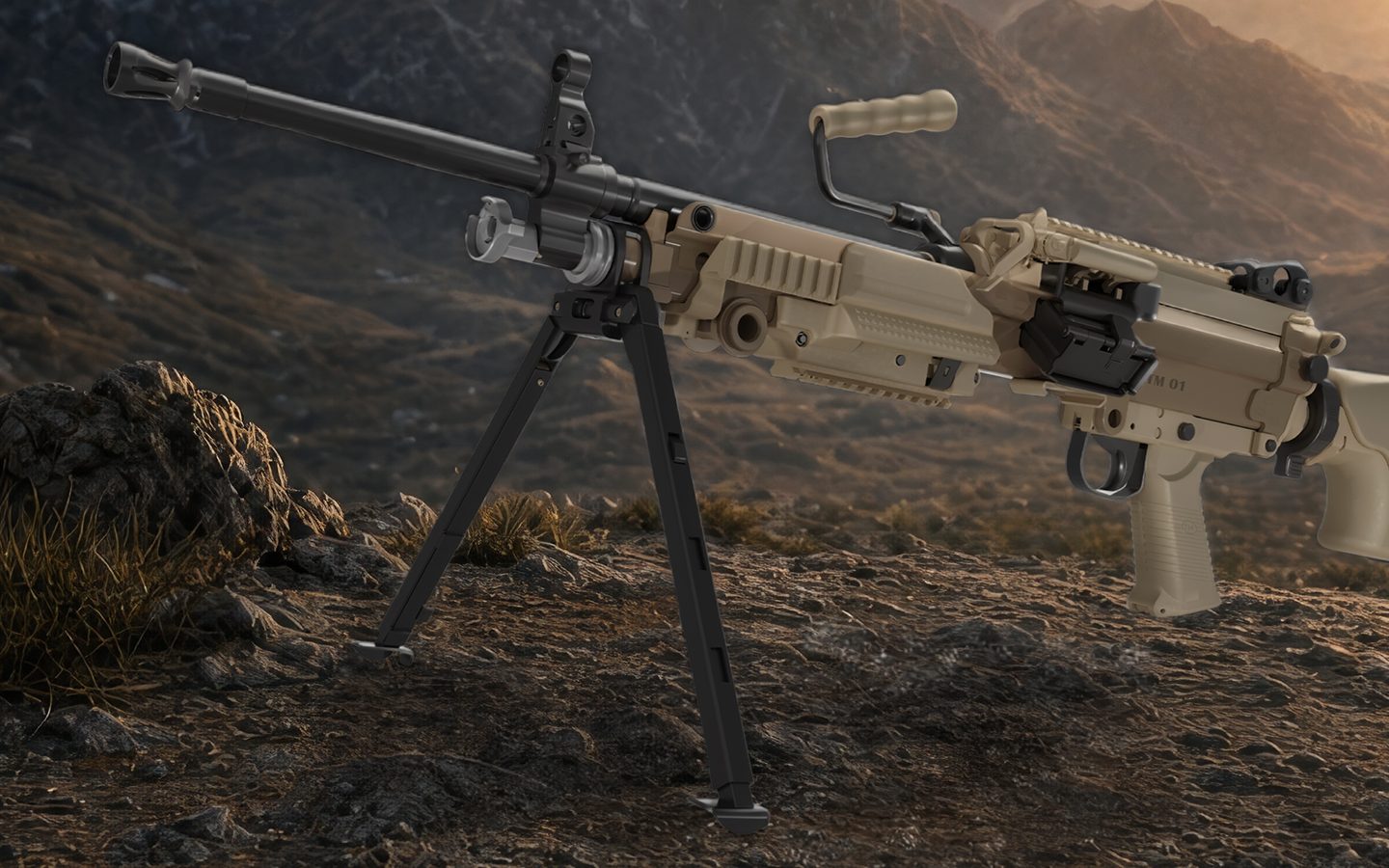 TM 01 in Flat Dark Earth on a mountain ridge at sunset