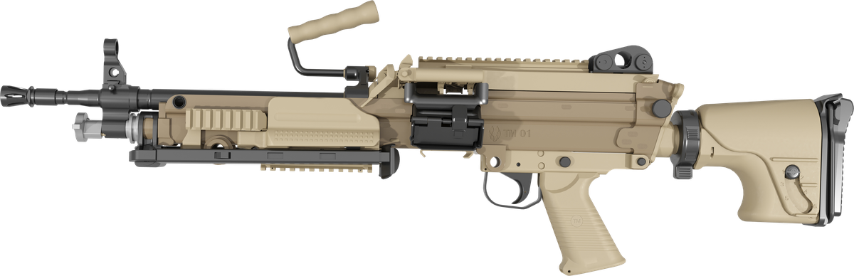 TM01SB in Flat Dark Earth with short barrel and adjustable stock; side view